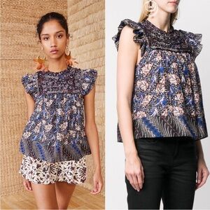 Ulla Johnson Nuru Indigo Top Size 2 Indigo Printed Flutter Sleeve Ruffle Blouse